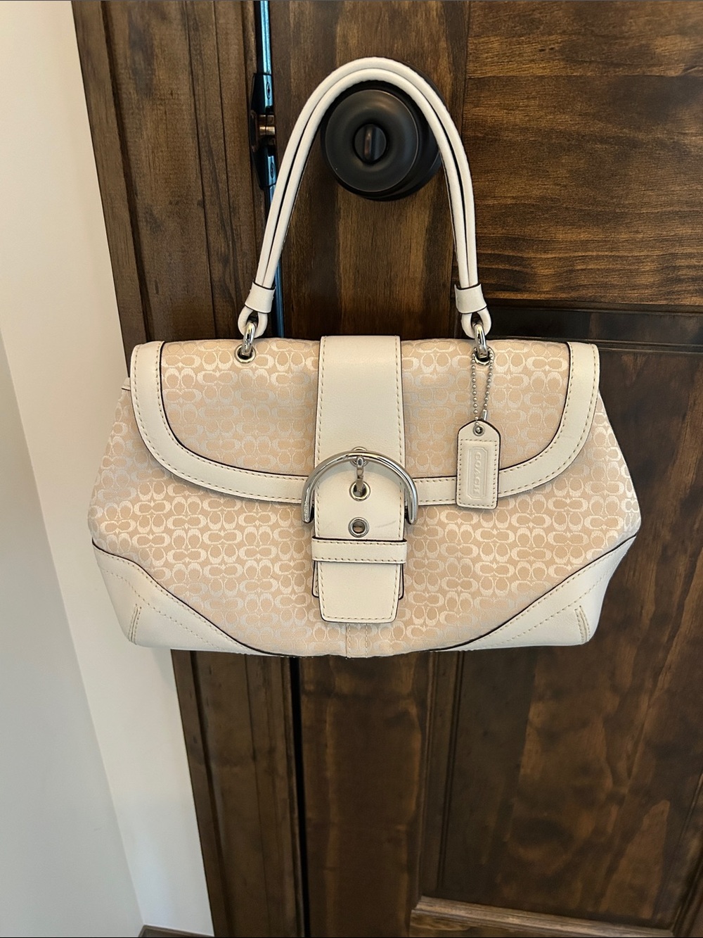 Coach Cream Signature Canvas Shoulder Satchel with White Trim